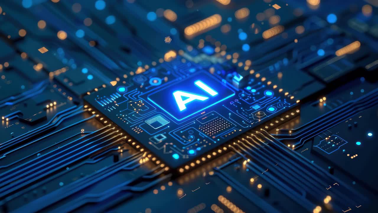 Primo piano futuristico di un microchip IA con circuiti luminosi. Questo video è stato realizzato con una angolazione dal basso.
