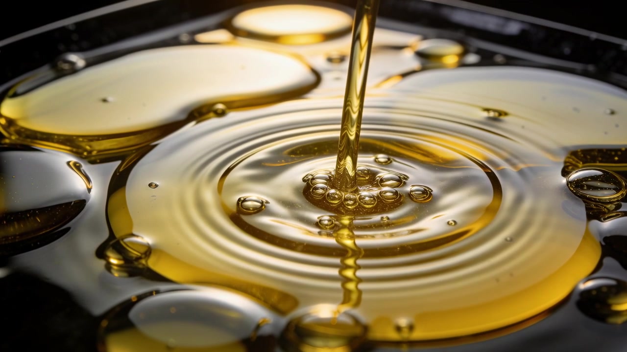 Ugello che rilascia un getto versando olio dorato che forma anelli concentrici su un vassoio da studio, con bolle.