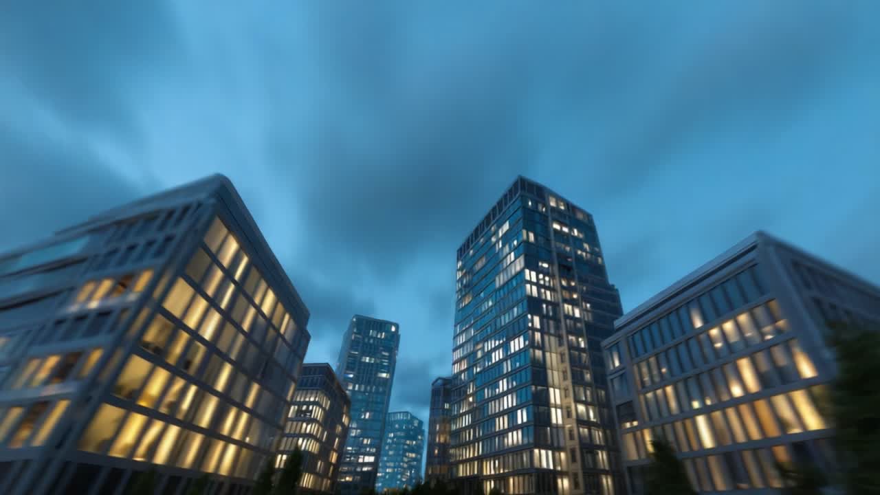 Paisaje nocturno urbano espectacular: un impresionante contraste de edificios iluminados bajo un cielo melancólico que captura la esencia de la arquitectura moderna en un entorno urbano bullicioso