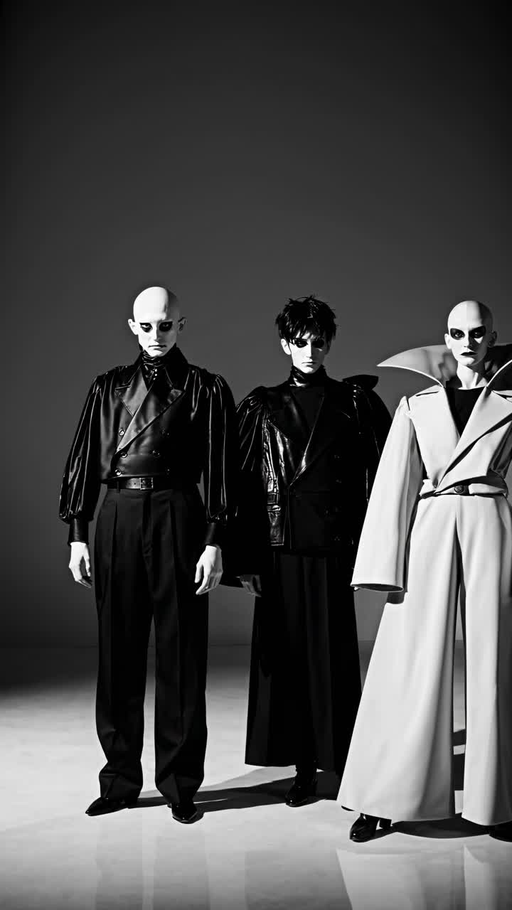 Avant-garde fashion video with three models in bold outfits