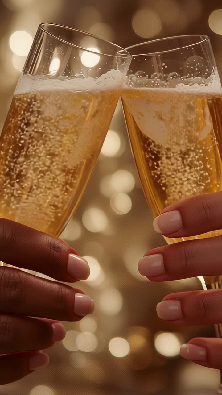 Vertical video: Hands entering frame and clinking flutes at party, celebrating with golden lights