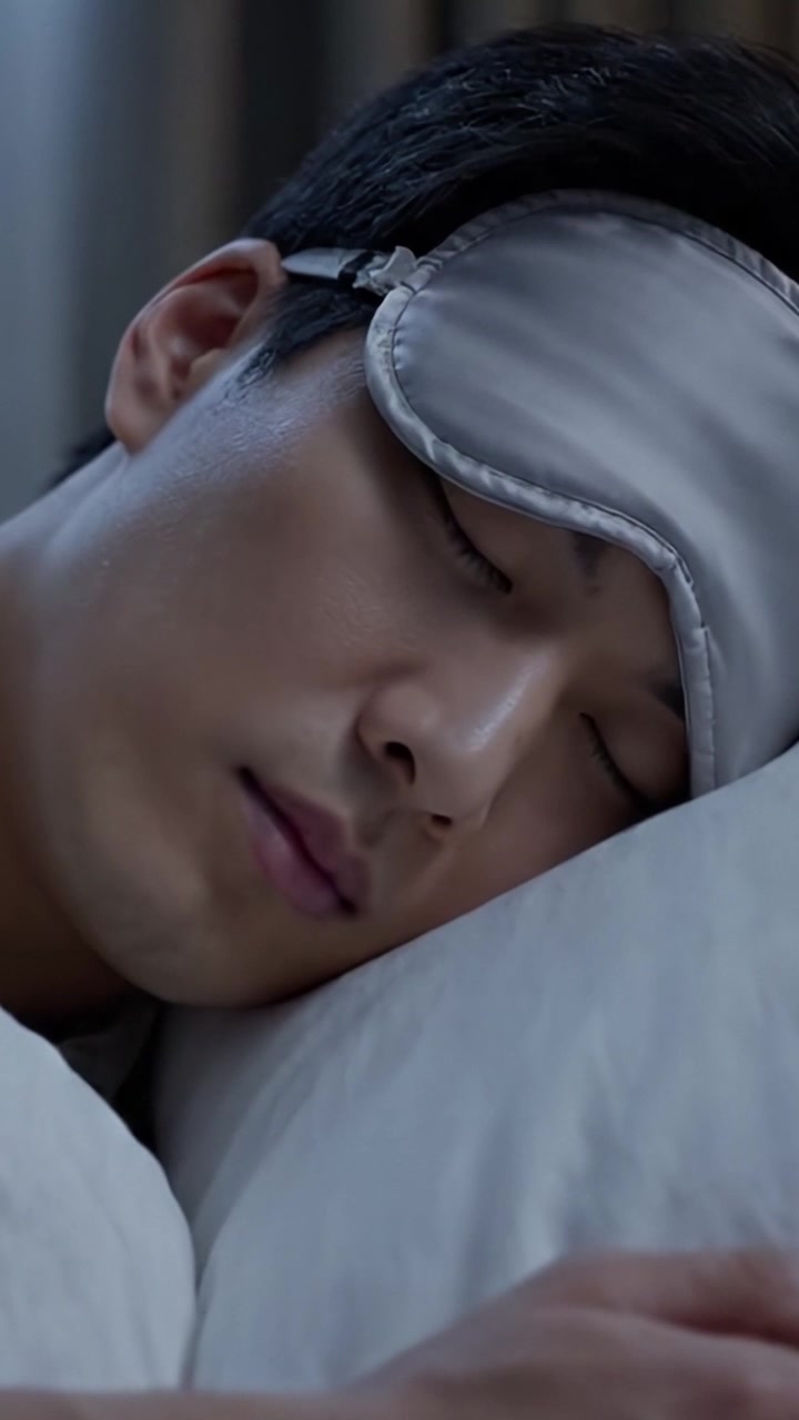 安らかな休息のひととき：スリープマスクをつけた男性の穏やかな眠りを捉え、当然の睡眠を楽しみながら夜間の安らぎに包まれる