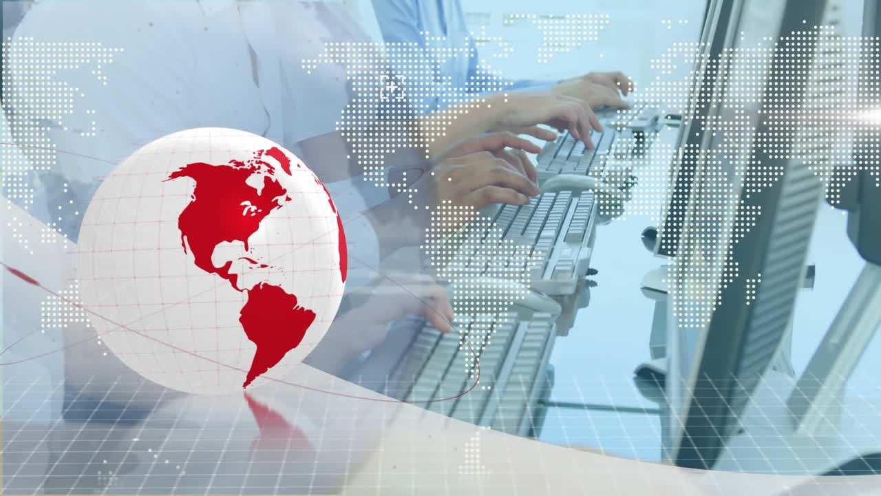 animación del globo y el mapa del mundo sobre personas de negocios que usan auriculares de teléfono