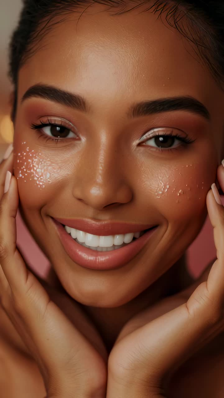 Vertikales Video: Weibliches Modell rahmt das Gesicht ein und präsentiert Make-up in einem rosafarbenen Studio mit Glitzerakzenten