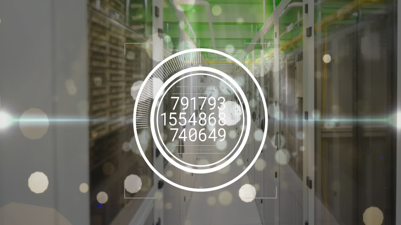 Animation of white spots and changing numbers over round scanner against computer server room