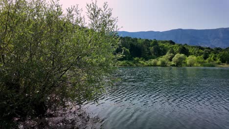 a tranquil scene of a lake in crimea, featuring lush greenery, a peaceful shoreline, and a distant mountain range