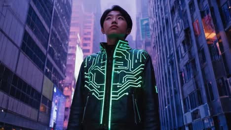 futuristic man in cityscape