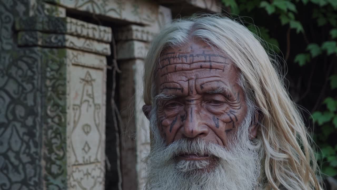 Elderly man with intricate facial tattoos gazes thoughtfully, showcasing the depth of his experiences and wisdom against a textured stone backdrop, embodying cultural heritage and storytelling