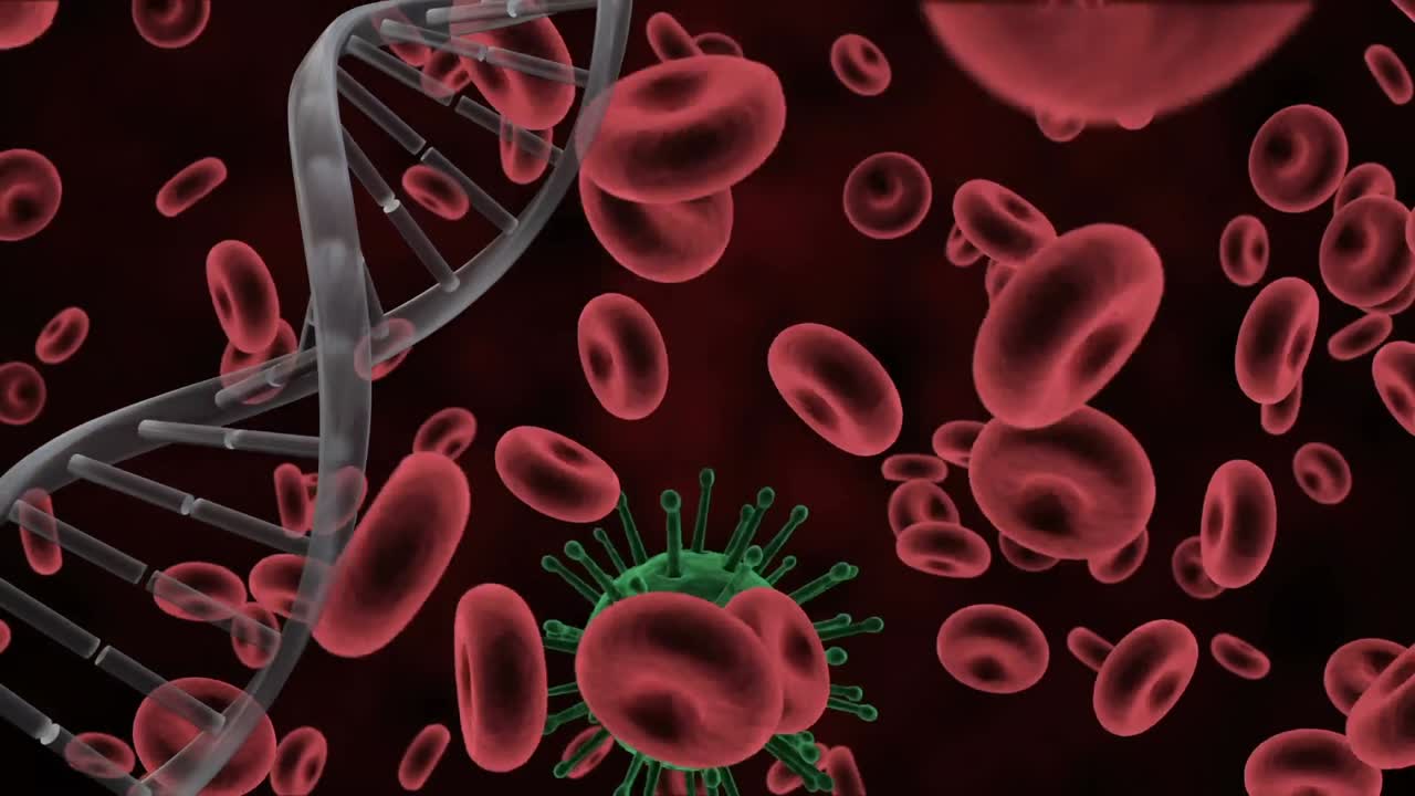 animación digital de la estructura del adn y la célula de covid-19 sobre los vasos sanguíneos contra un fondo rojo