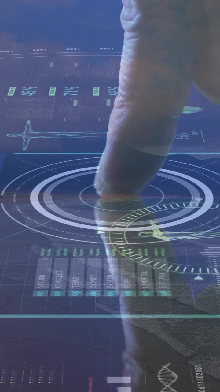 Animation of futuristic DNA analysis interface over landscape in school setting