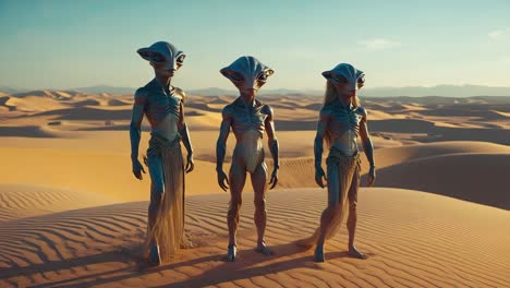 three aliens standing in a vast desert landscape