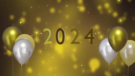 animation of 2024 text, gold and silver balloons on gold background