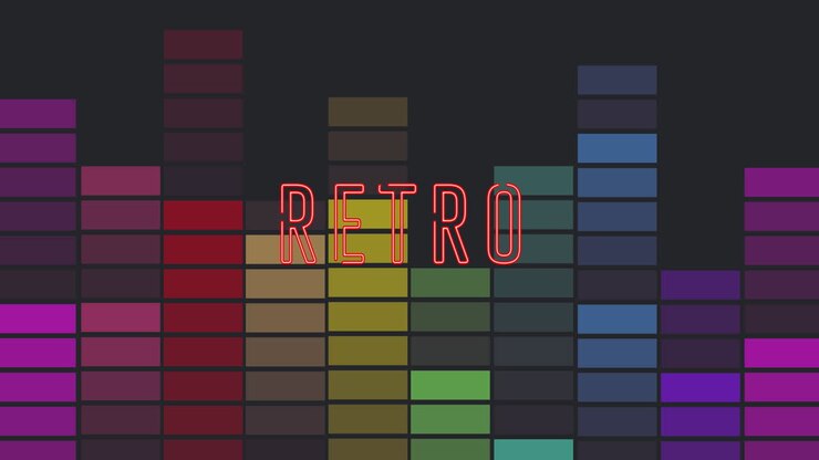 Animation af retro tekst over farvestrålende søjler.