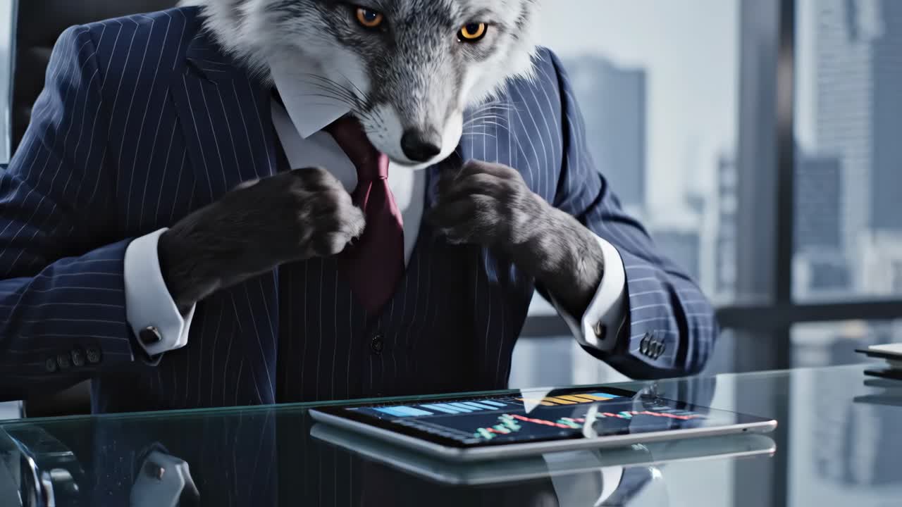 Wolf Businessman Analyzing Stock Market on Tablet