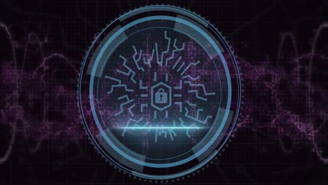 animación del icono digital del candado y procesamiento de datos sobre fondo negro