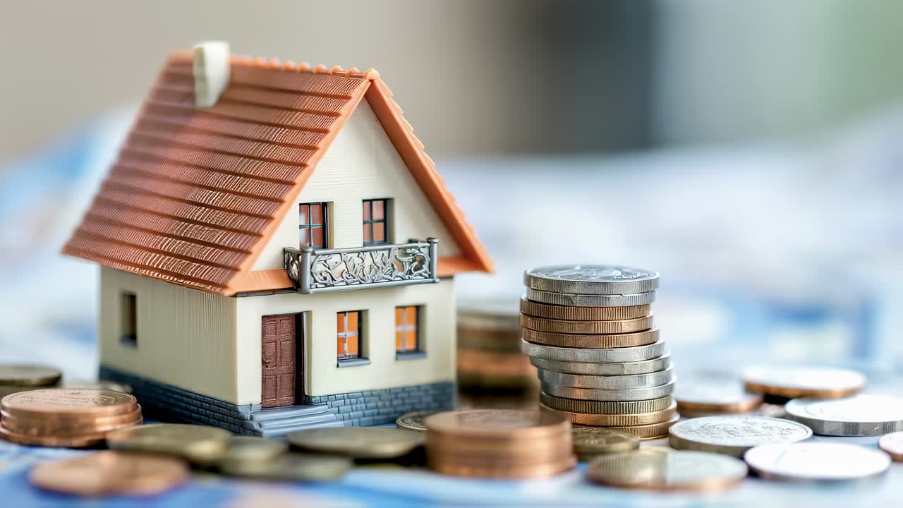 Miniature house and stack of coins standing on banknotes represent real estate investment, mortgage, savings for housing, money, banking, and financial concepts
