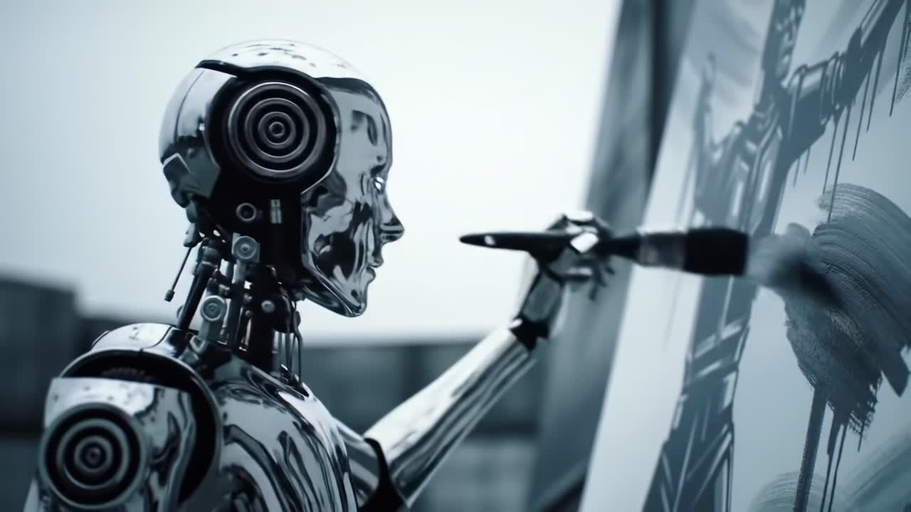 A Futuristic Robot Artist Engaged in Creating a Stunning Painting with Brush and Canvas, Showcasing the Intersection of Technology and Artistry in a Modern World