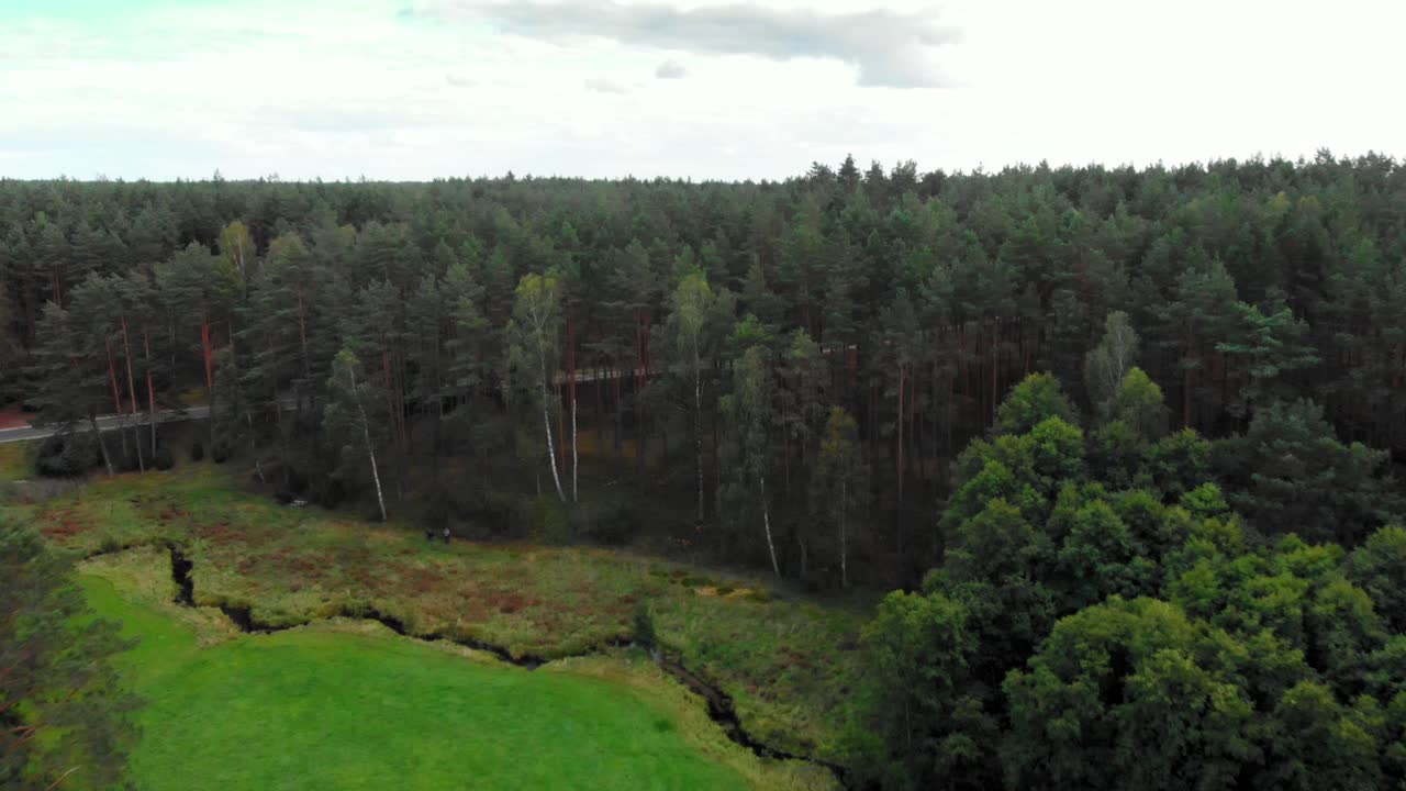 Aerial shot of a small creek in glacial valley in wdzydze kiszewskie, poland.