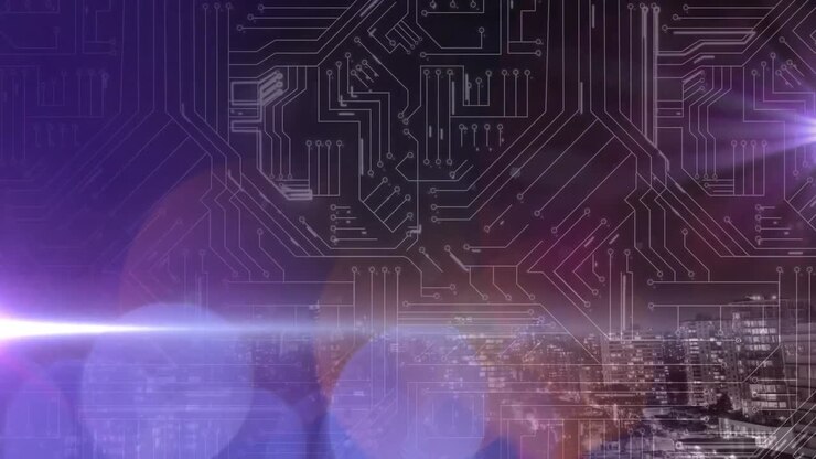 Animazione di elaborazione dati su una scheda madre luminosa.