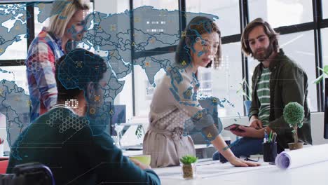 animation of data processing over diverse business people at meeting