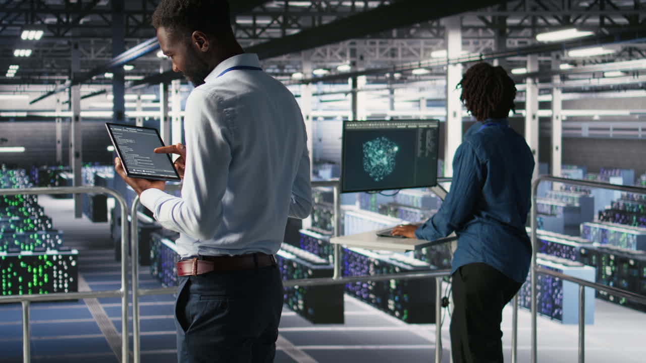 Data center programmer checking lines of code next to colleague