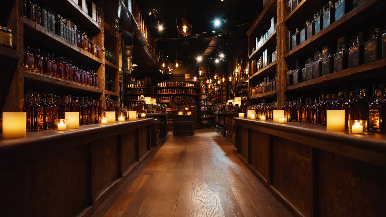 Vintage Liquor Store with Shelves and Candlelight