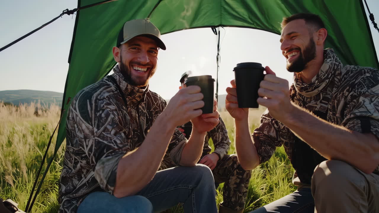 Friends in camouflage enjoying coffee outdoors