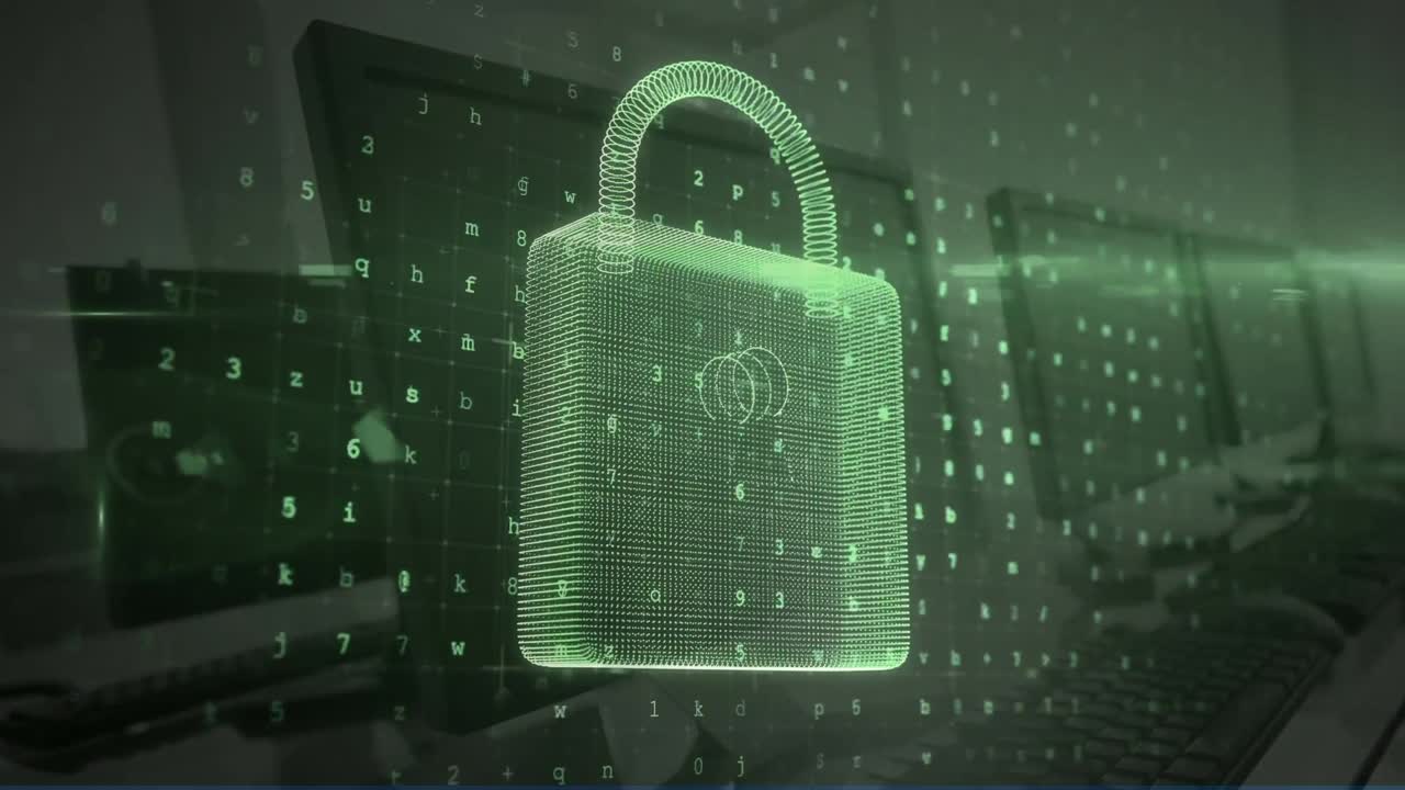 animación de candados digitales y números en las computadoras de la oficina