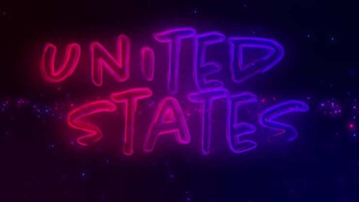Animazione di testo neon luminoso "United States" su punti rossi e blu incandescenti sullo sfondo.