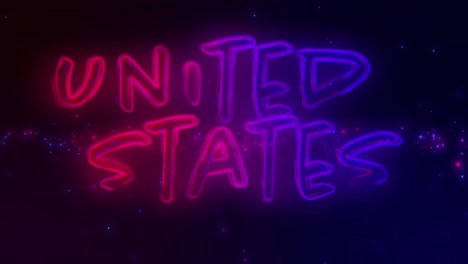 animation of glowing united states neon text over glowing red and blue spots in background