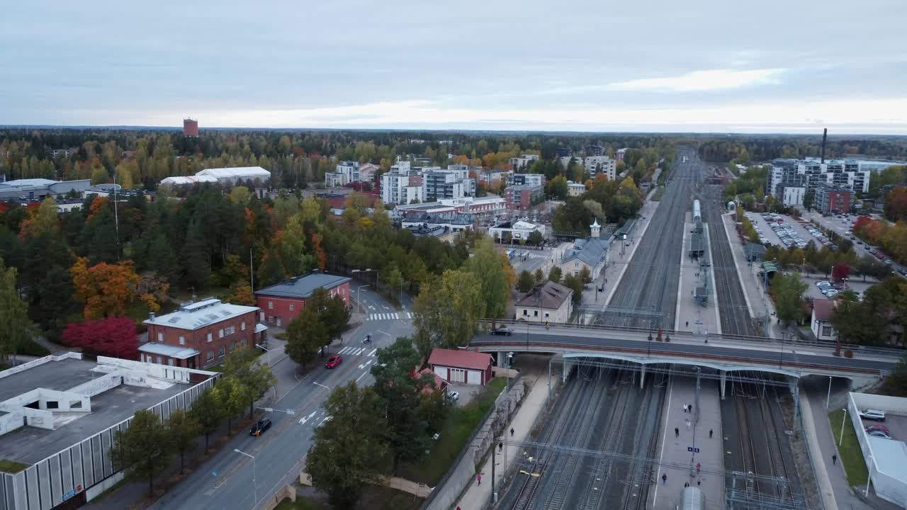 Aerial View of a Finnish Town with Train Station in Autumn