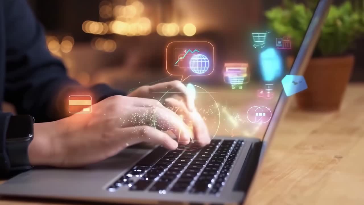 Close-up video of hands typing on a laptop with colorful digital icons floating above
