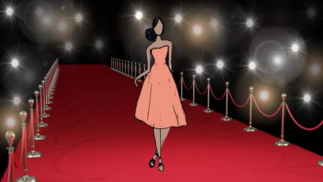 Animation-of-drawing-of-model-on-red-carpet-at-fashion-show,-on-black-background