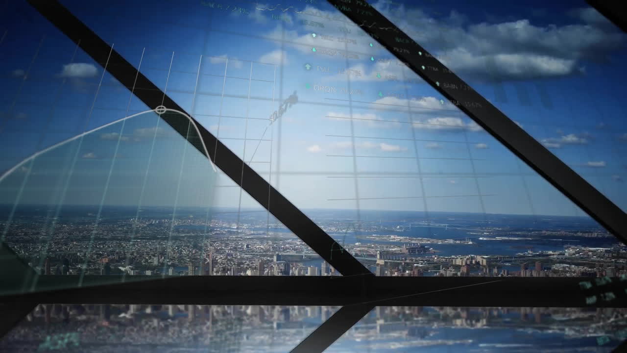 도시 풍경 위의 금융 데이터 처리 애니메이션