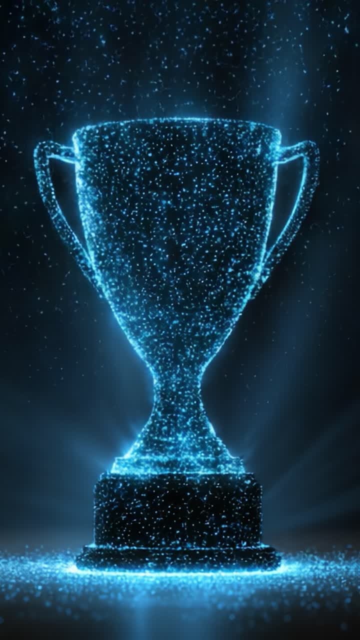 Un trofeo luminoso che luccica in un mare di stelle: celebrazione di traguardi ed eccellenza con effetti di luce dinamici e animazione di particelle.