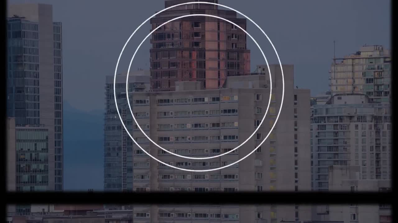 Animation of moving screens over cityscape