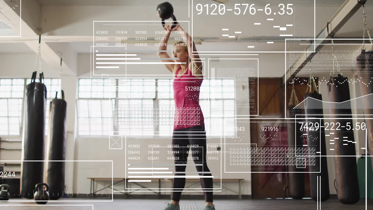 Lifting kettlebell, person with digital animation overlay in fitness studio