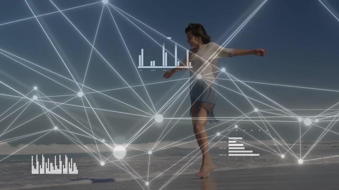 Woman shifting weight, stepping into surf and walking as nodes, charts shift around body for tech