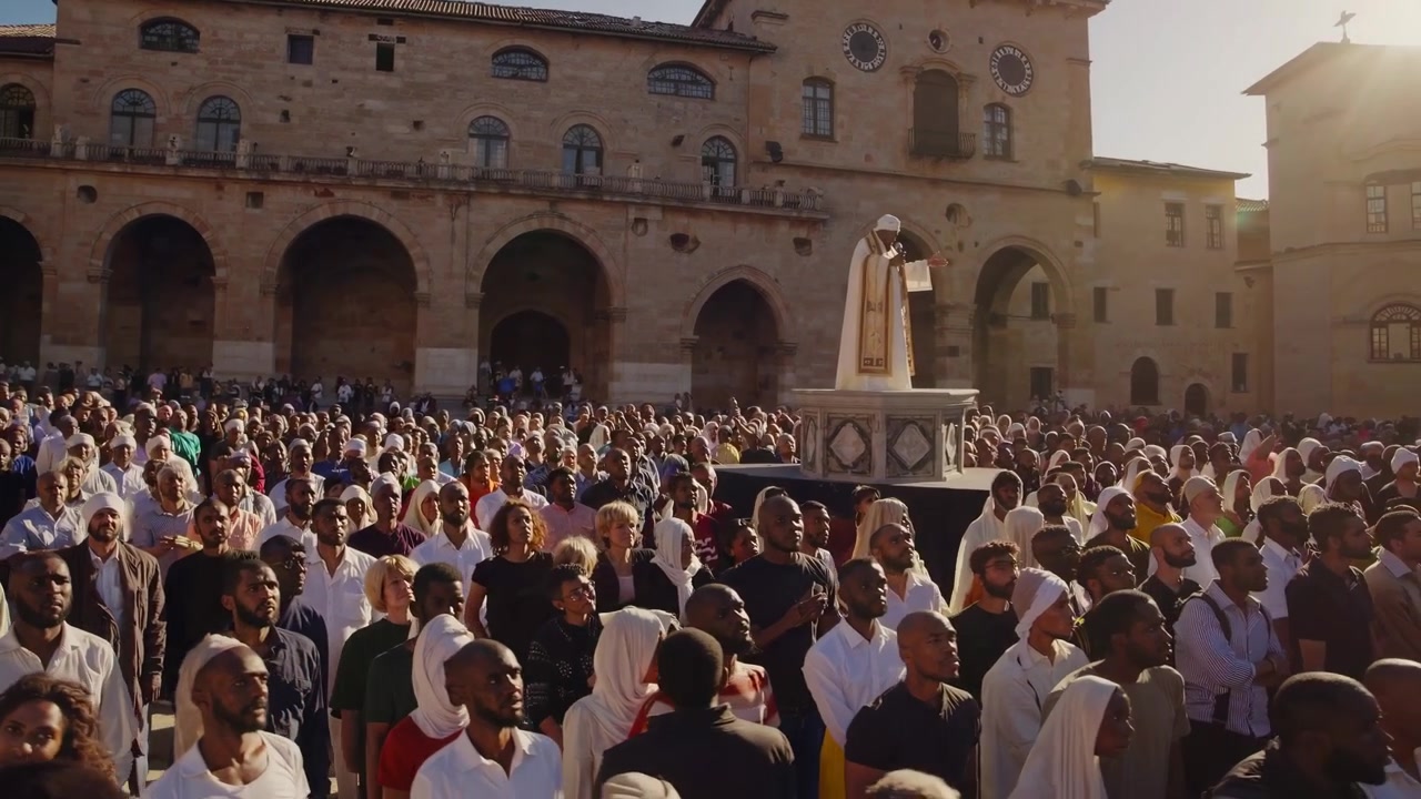 Religious Procession with Clergy and Crowd in Historic Plaza