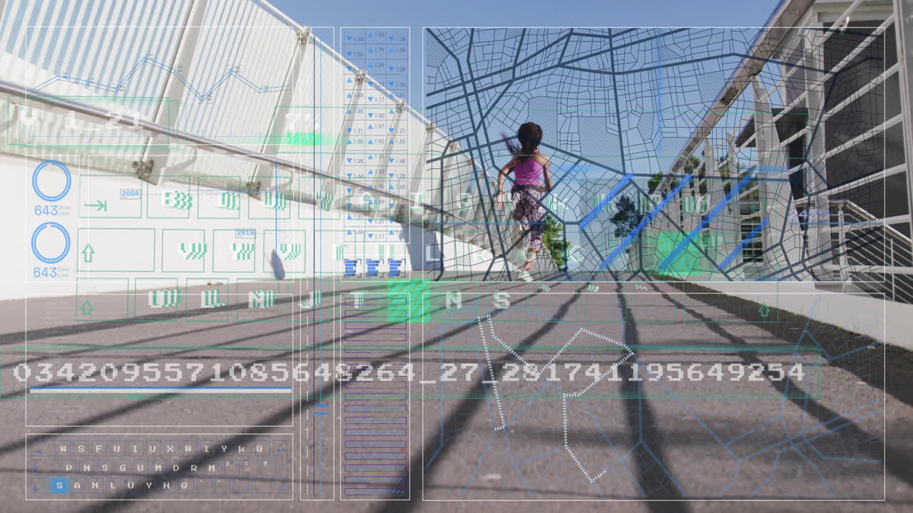 Riding scooter, child on bridge with animation of digital data and graphs