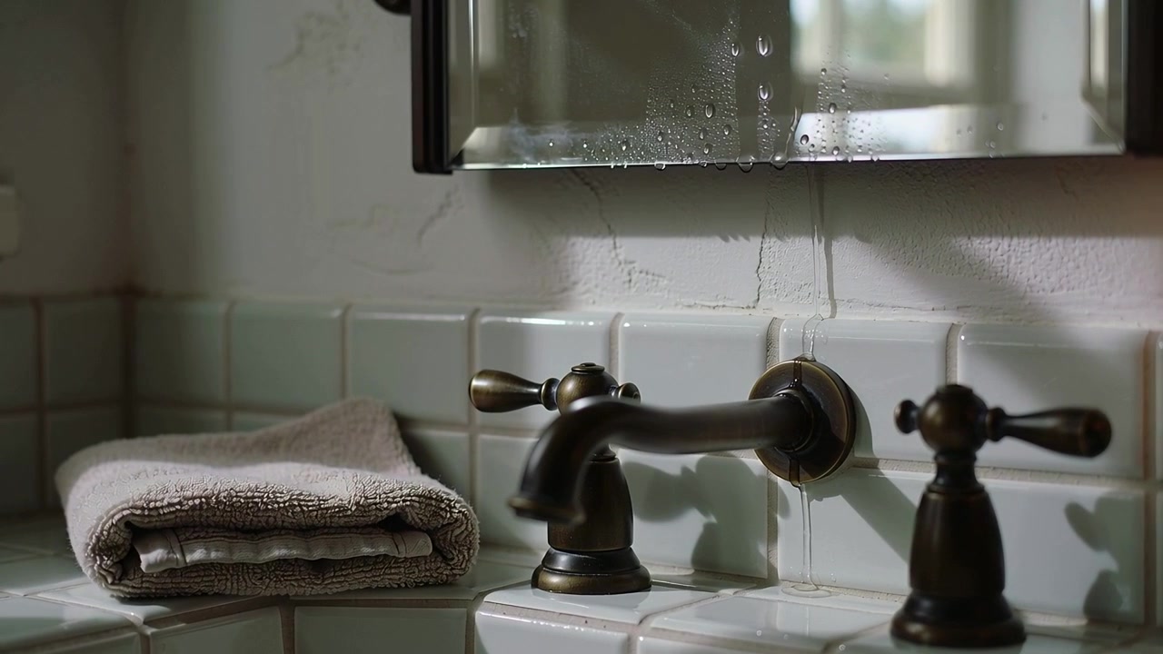 Shifting focus with window light changing, camera moving to faucet at sink, showing mirror mist