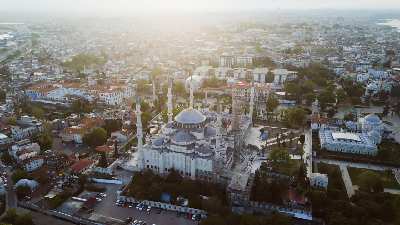 Aerial view orbiting the Sultan Ahmed Mosque, golden hour in Istanbul, Turkey