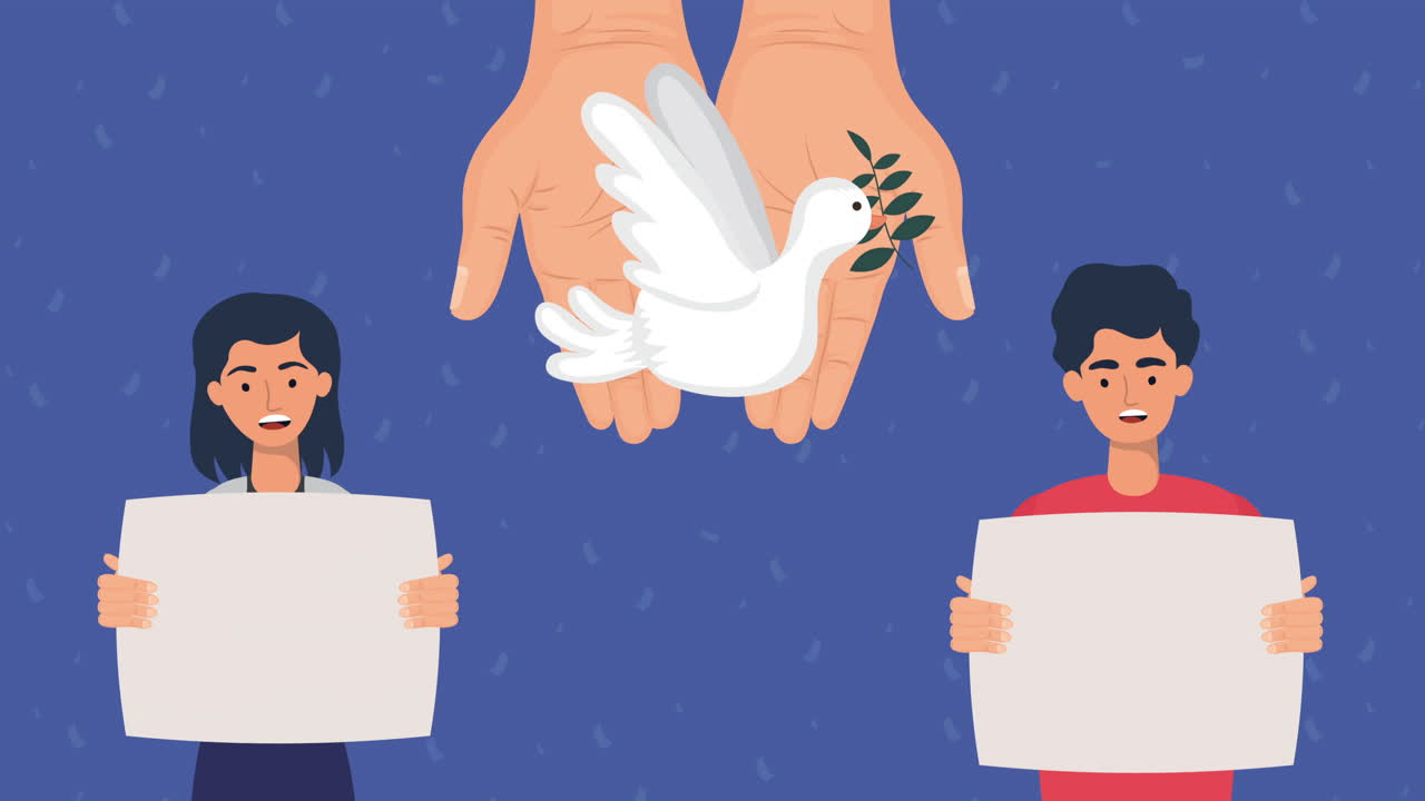 젊은이들이 비둘기 날아다니며 시위를 벌이고 있습니다.