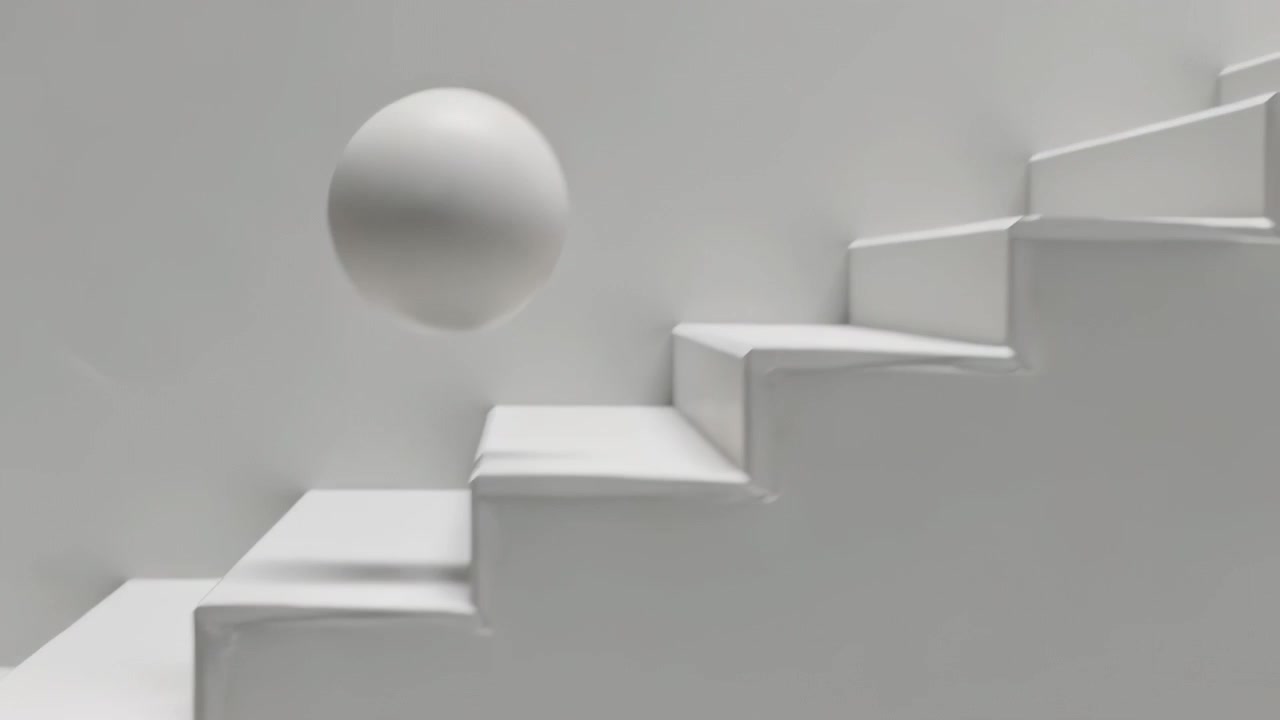 Rolling matte sphere launching from initial blur on steps in studio, moving to settle centered