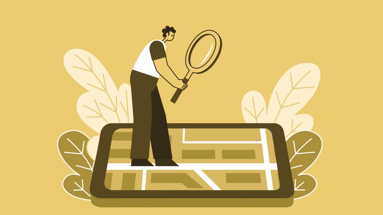 hombre de estilo amarillo personaje plano caminando en teléfono inteligente con lupa. animación de bucle aislado con canal alfa