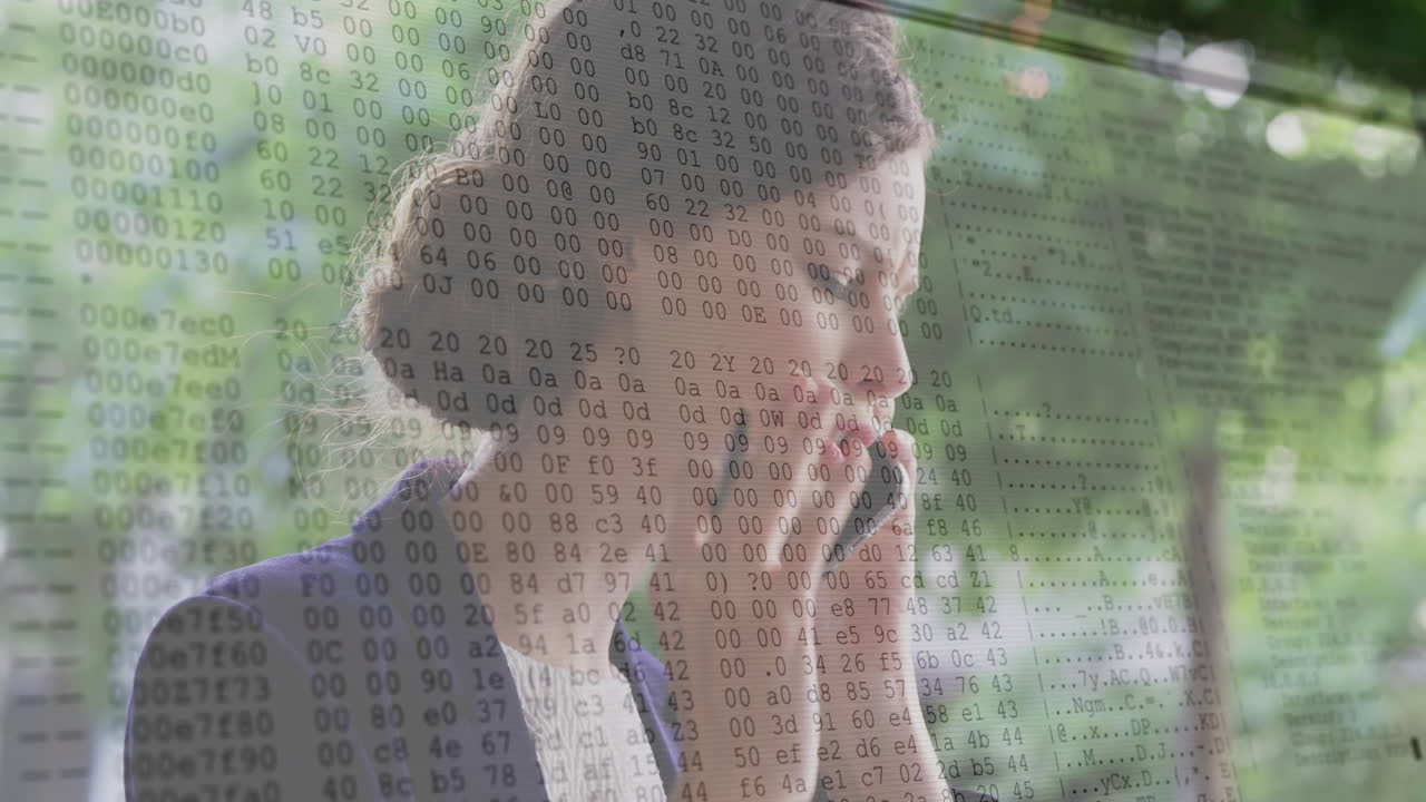 Thinking woman with binary code overlay, animation on outdoor greenery background