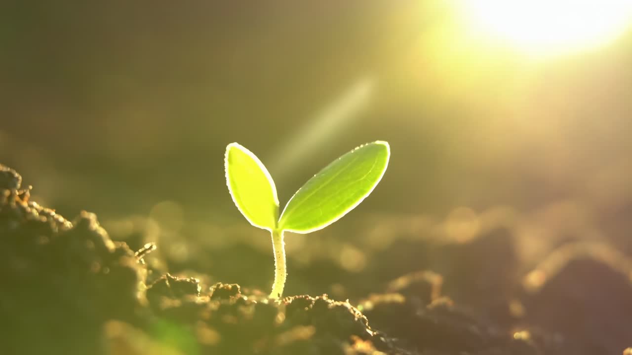 Video ravvicinato di una pianta che germoglia nel terreno, ripreso a livello del suolo con la luce del sole che filtra.