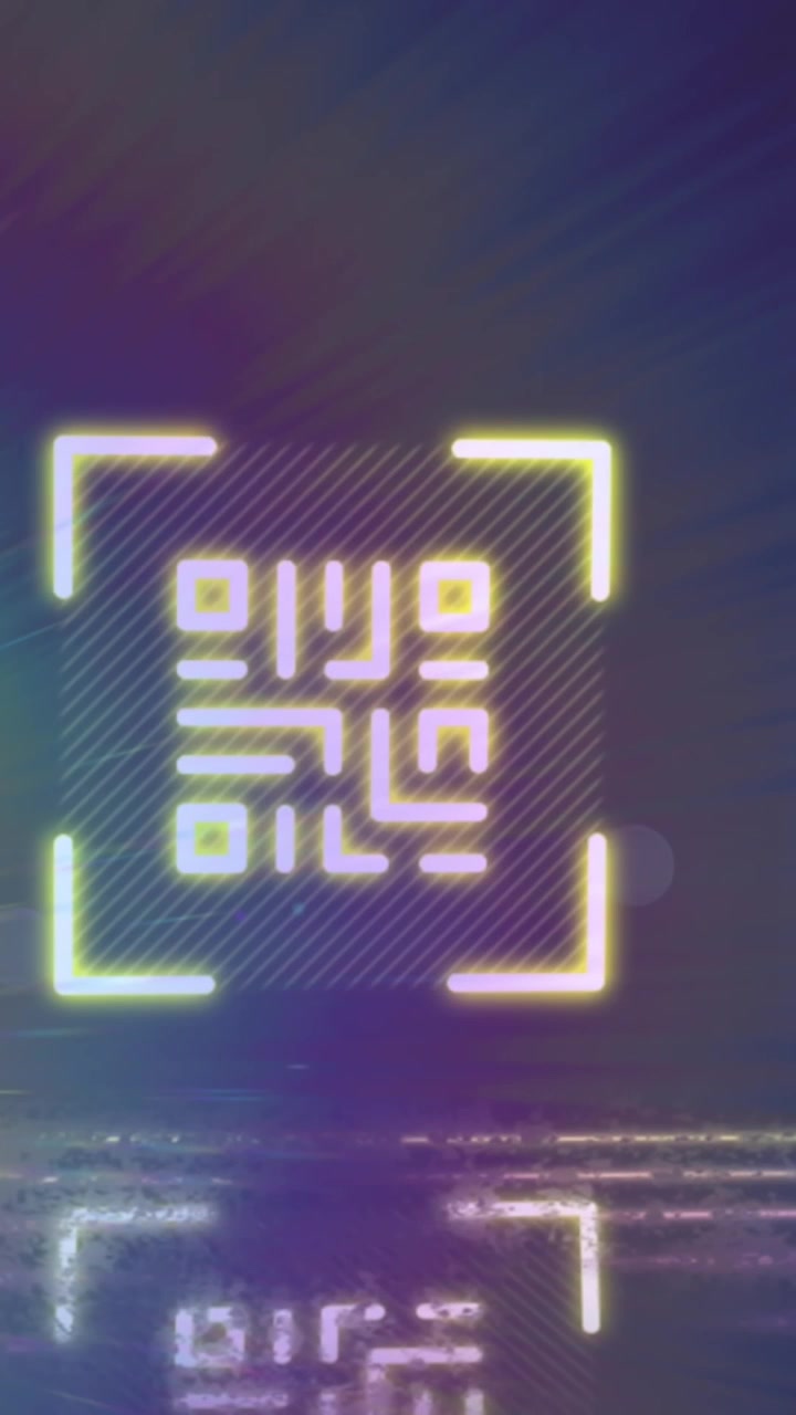 Animation of neon qr code with lines and light trails over black background