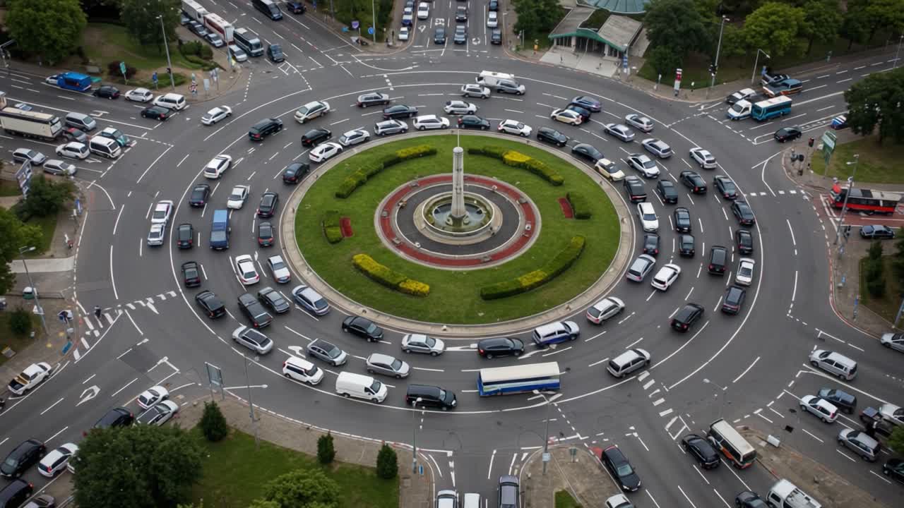 Aerial View of Busy Traffic at a Roundabout, Showcasing Complex Vehicle Movement and Road Design with Cars and Landscaping Elements in Urban Setting