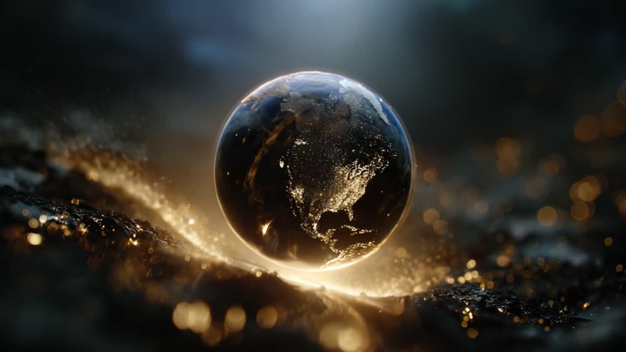 En fantastisk visuel repræsentation af Jorden belyst i strålende lys, der fremhæver dens geografiske konturer og skønheden af vores planet midt i et kosmisk baggrund.